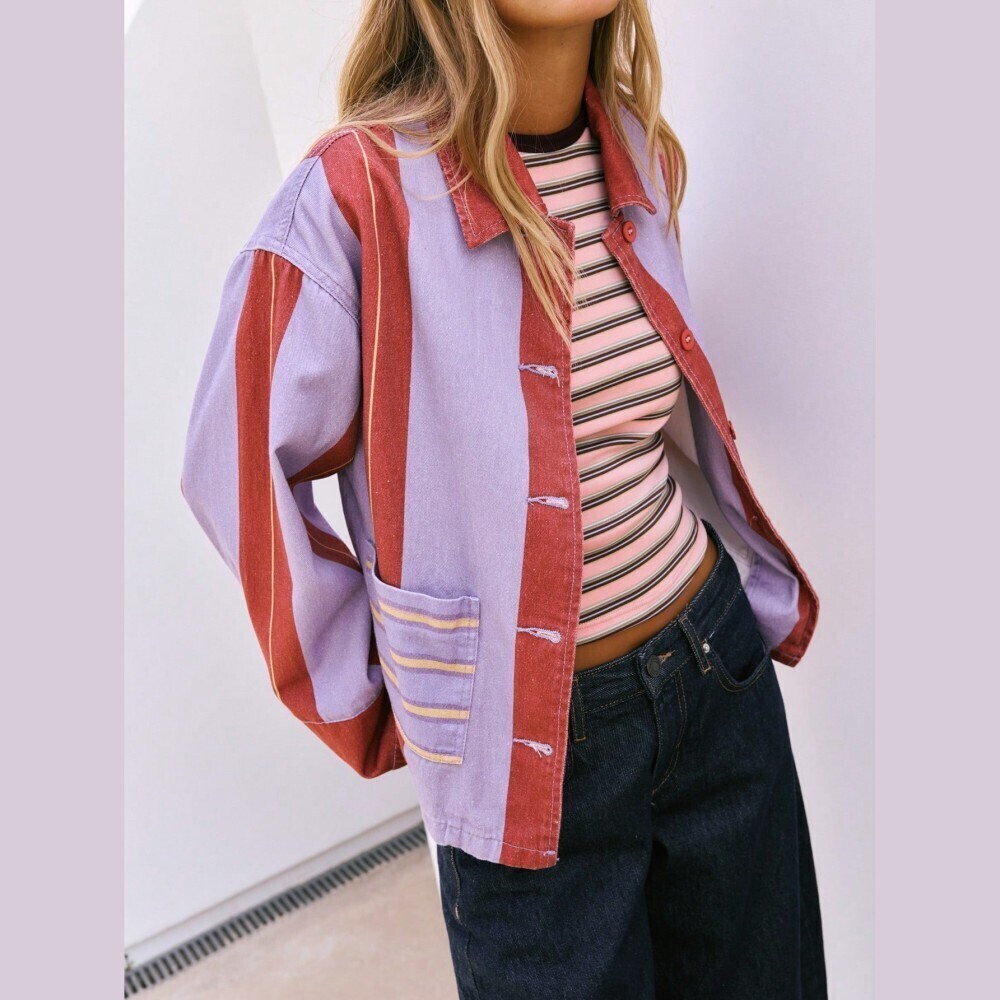 Lilac Red Striped Jean Jacket Lightweight Denim Button Front Pocket